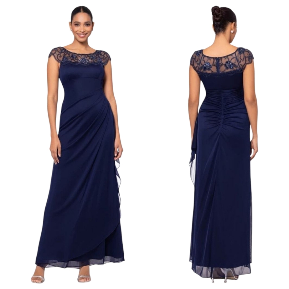 Xscape Navy Beaded Illusion Cap Sleeve Ruched Mother of Bride Formal Gown 6 - Picture 4 of 15